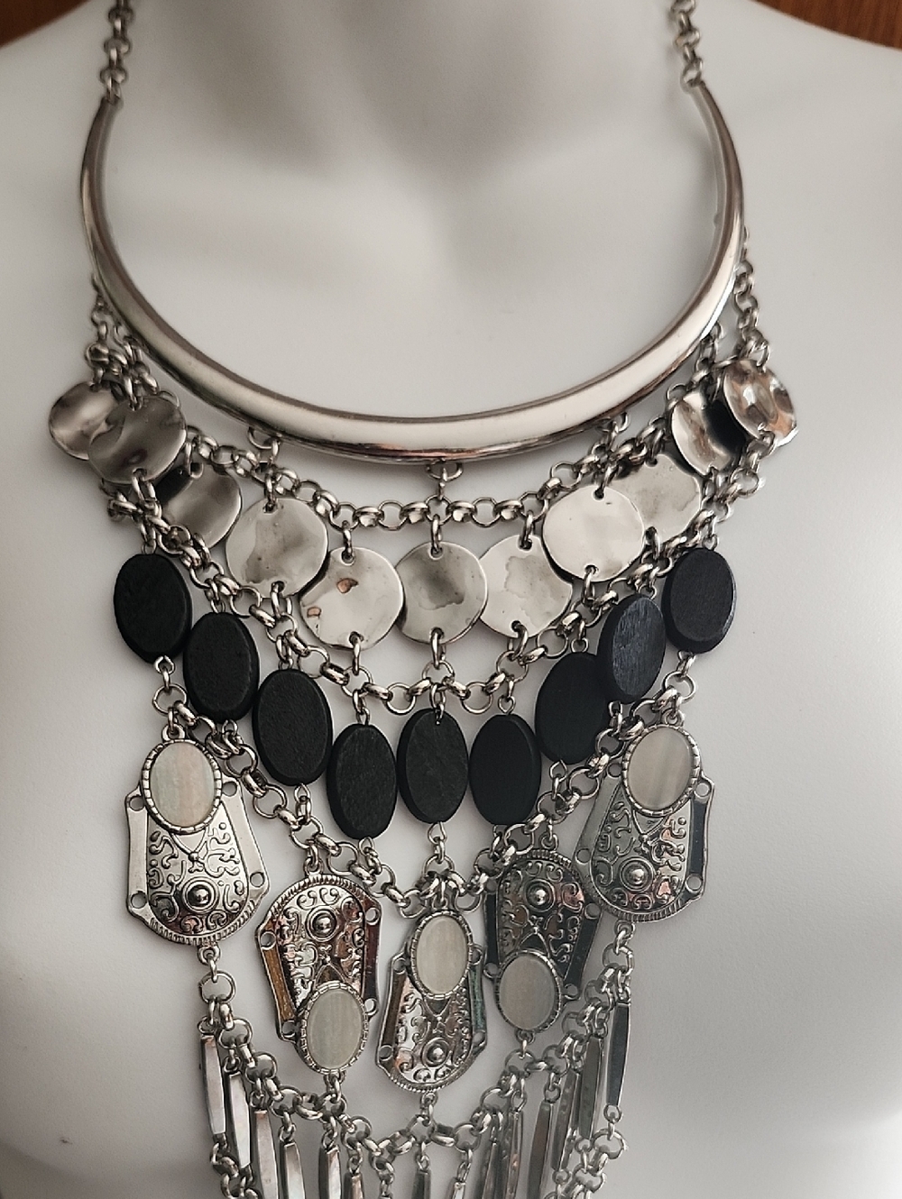 NWT Chico's Estella Statement Multi-Layer Silver & Black Bib Necklace